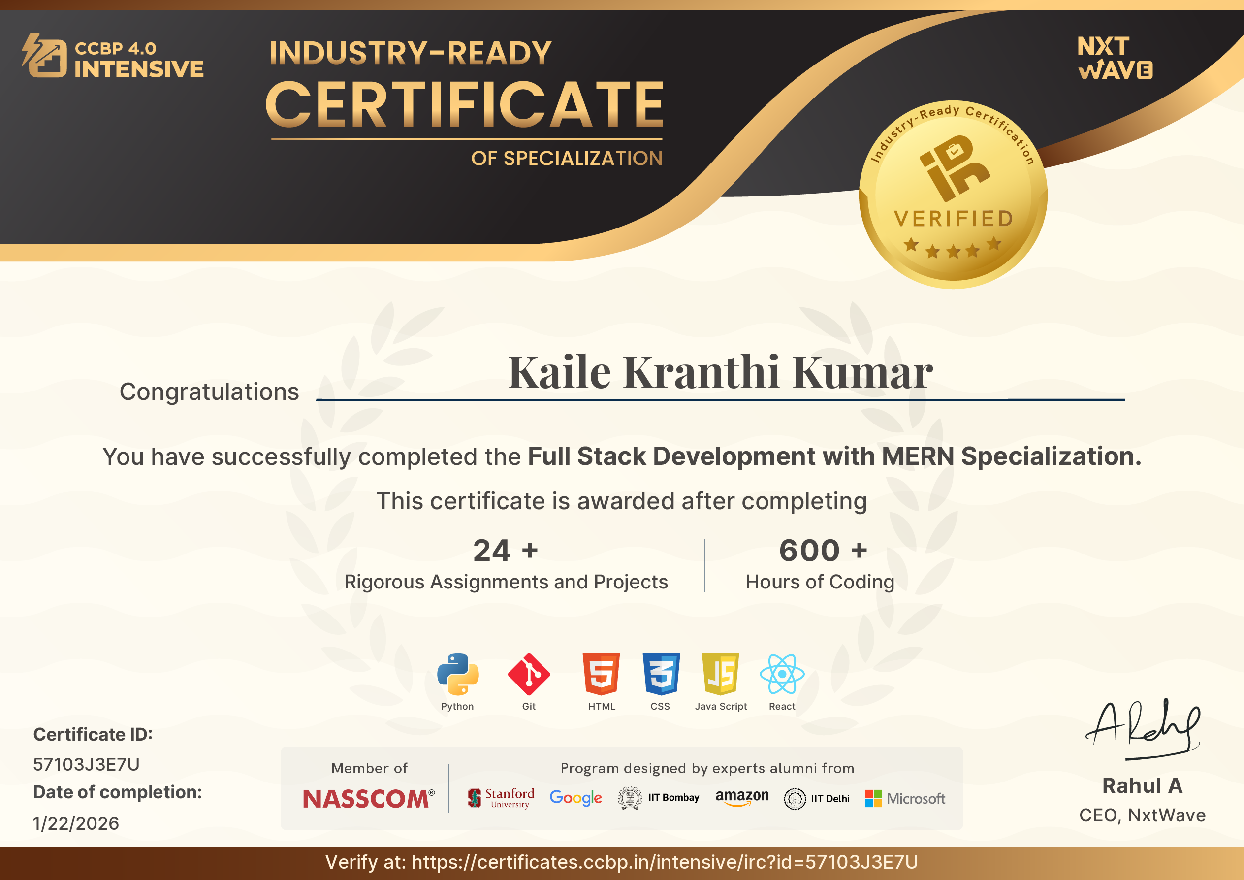 Industry Ready Certificate from NxtWave